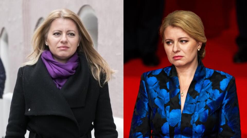 Zuzana Čaputová v outfite pred voľbami (vľavo) a  ako prezidentka (vpravo).