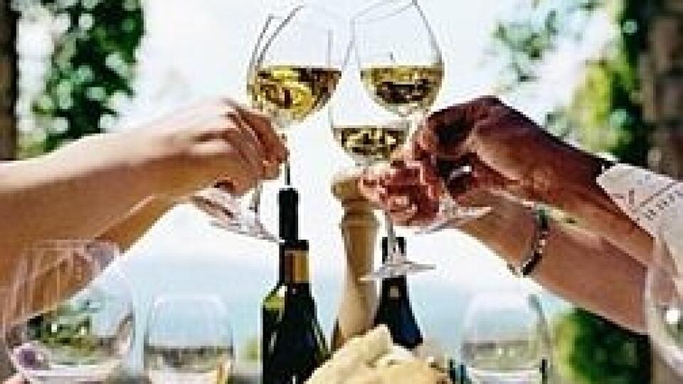 Group of people toasting at table, focus on glasses