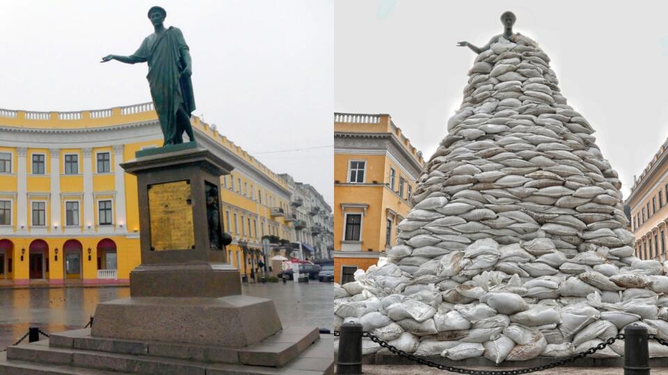 Obyvatelia ukrajinského mesta Odesa obložili bronzovú sochu vojvodu de Richelieu vrecami s pieskom, aby ju uchránili pred prípadným ruským bombardovaním.