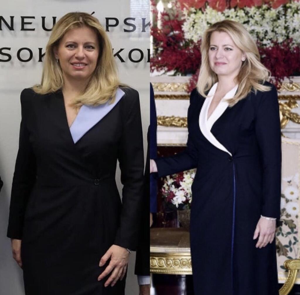 Vľavo má Zuzana Čaputová najobľúbenejšie šaty s jednou nezábudkovo modrou fazónou, vpravo s dvoma bielymi.