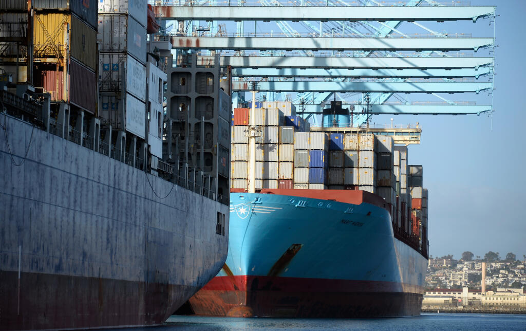 SAN PEDRO, CA - APRIL 16:  Large container ships are docked at the Maersk container terminal  in the Port of Los Angeles on April 16, 2013 in San Pedro, California. The Port of Los Angeles Police are under a heightened state of alert one day after explosions at the Boston Marathon killed 3 people and wounded more than 170 others.  (Photo by Kevork Djansezian/Getty Images)