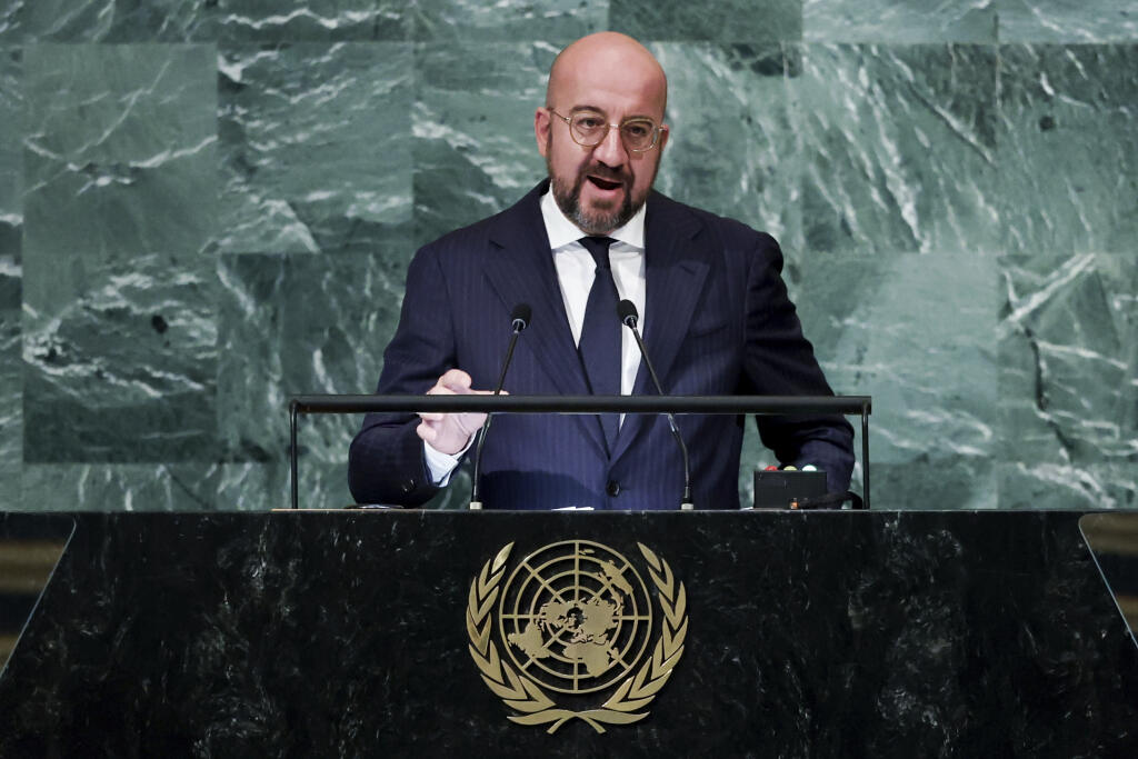 WA 17 New York - Predseda Európskej rady Charles Michel počas prejavu na 77. Valnom zhromaždení OSN v New Yorku v piatok 23. septembra 2022. FOTO TASR/AP

European Council President Charles Michel addresses the 77th session of the United Nations General Assembly, Friday, Sept. 23, 2022, at the U.N. headquarters. (AP Photo/Julia Nikhinson)	
