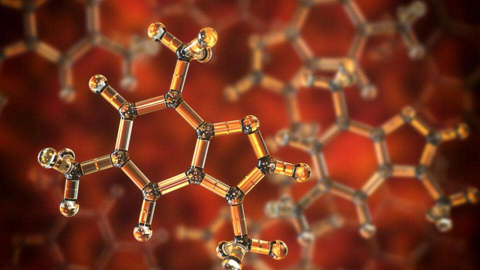 Caffeine,Molecule,,3d,Illustration.,Caffeine,Is,Found,In,Coffee,,Tea,