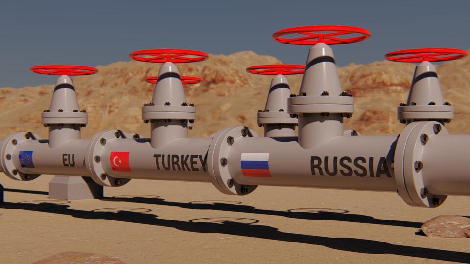 The,Gas,Pipeline,With,Flags,Of,Russia,,Turkey,And,Eu.TurkStream