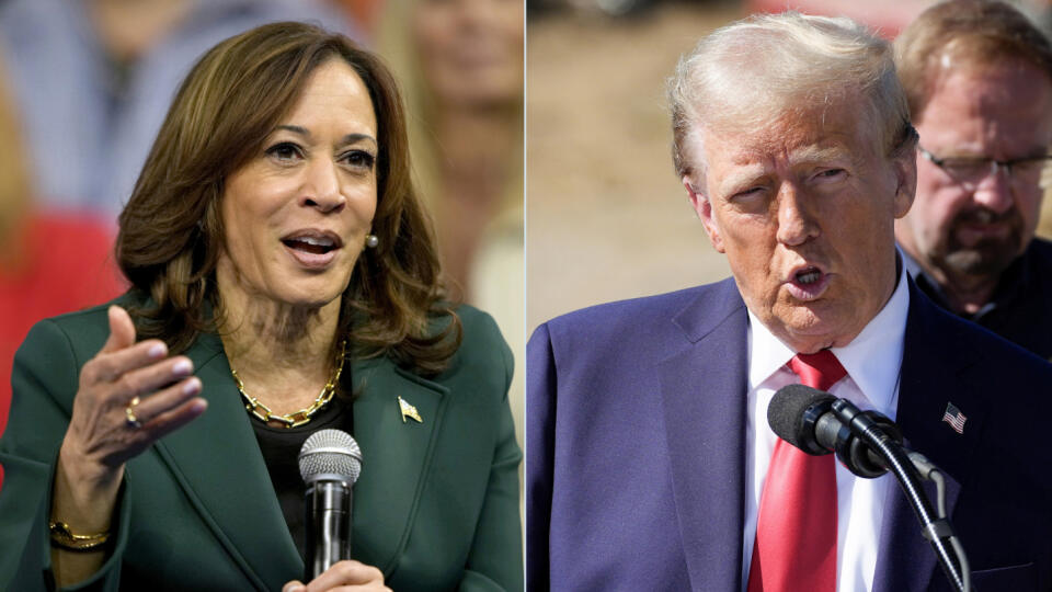 KK28 - Na kombosnímke demokratická prezidentská kandidátka a americká viceprezidentka Kamala Harrisová 21. októbra 2024 v americkom meste Malvena a republikánsky kandidát na post prezidenta USA a americký exprezident Donald Trump v americkom meste Swannanoa. Do prezidentských volieb v Spojených štátoch amerických zostávajú dva týždne a volebné tímy oboch kandidátov podľa agentúry AFP vynakladajú stovky miliónov eur v snahe presvedčiť nerozhodnutých občanov. V utorok sa bude republikánsky exprezi
