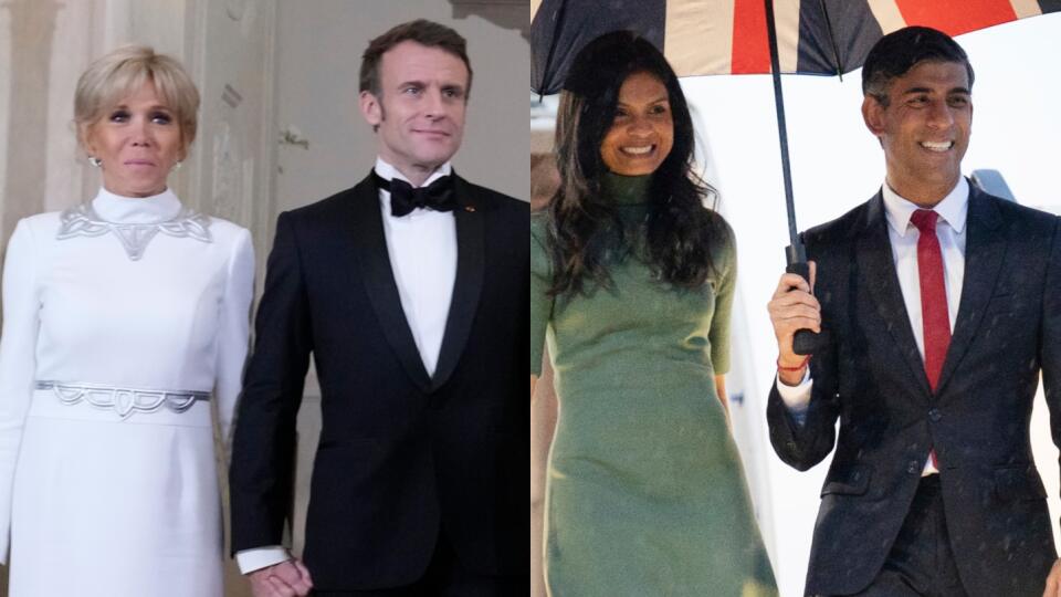 Zľava,  Brigitte a Emmanuel Macronovci, Akshata Murty a Rishi Sunak.