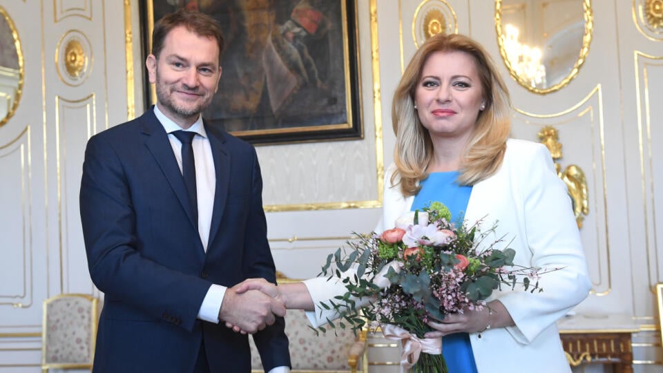 Prezidentka Zuzana Čaputová a premiér Igor Matovič počas prijatia v Prezidentskom paláci 4. marca 2020 v Bratislave.