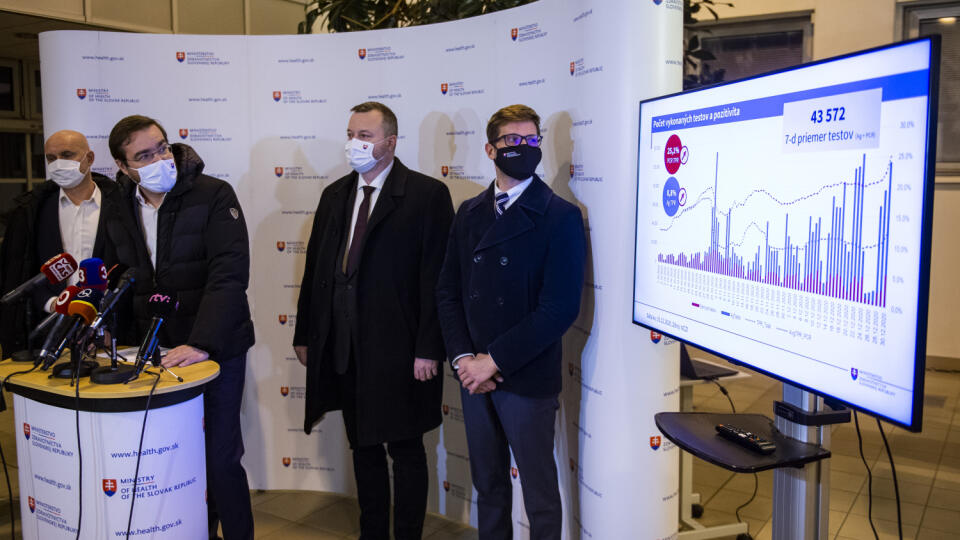 Na snímke zľava minister školstva SR Branislav Gröhling (SaS), minister zdravotníctva SR Marek Krajčí (OĽaNO), minister práce, sociálnych vecí a rodiny SR Milan Krajniak (Sme rodina) a štátny tajomník ministerstva spravodlivosti SR Michal Luciak (Za ľudí) počas tlačovej konferencie k mimoriadnej pandemickej situácii 31. decembra 2020 v Bratislave. FOTO TASR – Jakub Kotian