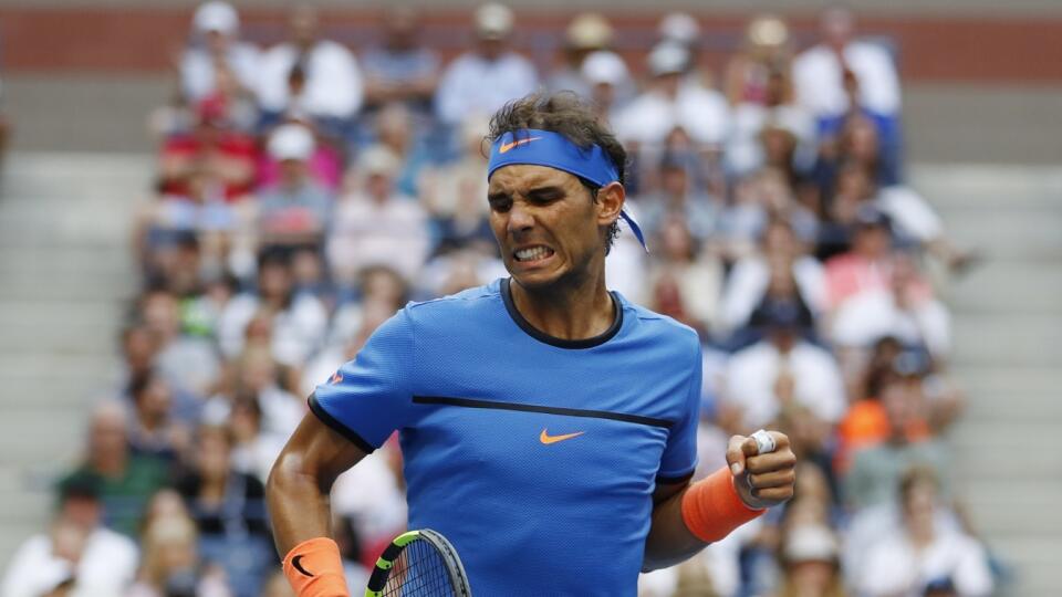 Rafael Nadal, of Spain, celebrates during play against Lucas Pouille, of France, during the fourth round of the U.S. Open tennis tournament, Sunday, Sept. 4, 2016, in New York. (AP Photo/Alex Brandon)
