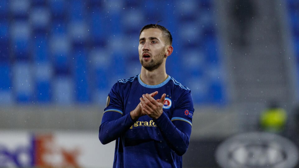 Na snímke Andraž Šporar počas odvetného zápasu K-skupiny Európskej futbalovej ligy UEFA medzi ŠK Slovan Bratislava a SC Braga.