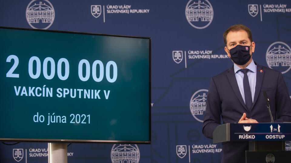 Na snímke predseda vlády SR Igor Matovič (OĽaNO) počas tlačovej konferencie k nákupu vakcíny Sputnik V 2. marca 2021 v Bratislave. FOTO TASR - Jakub Kotian