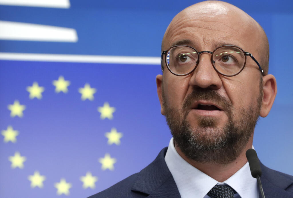 JB 22 Brusel - Predseda Európskej rady Charles Michel počas tlačovej konferencie po mimoriadnom videostretnutí Európskej rady k situácii v Bielorusku v Bruseli 19. augusta 2020. Európska únia čoskoro zavedie 