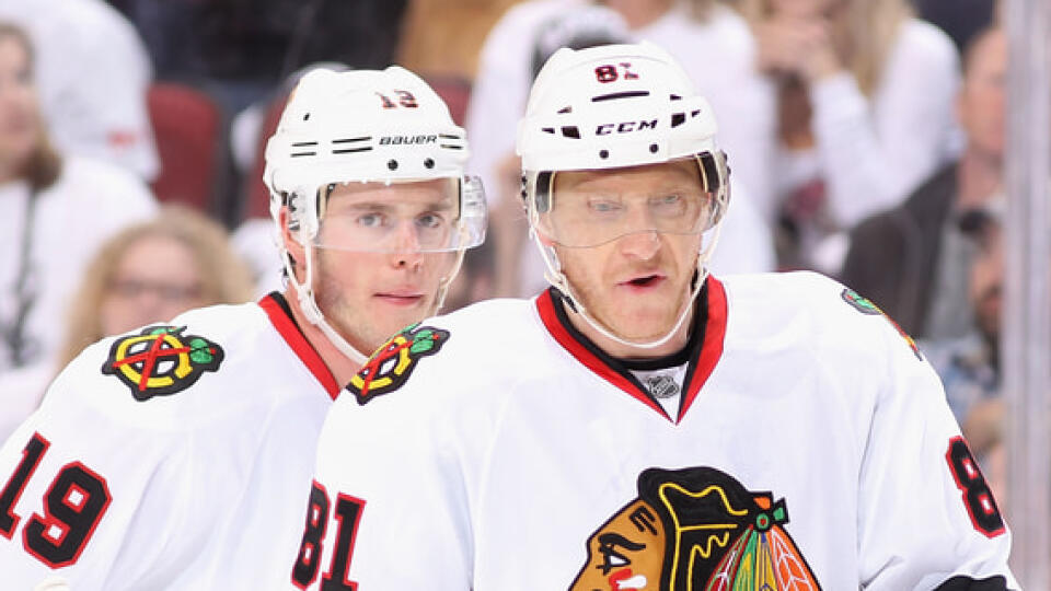 GLENDALE, AZ - APRIL 12: Jonathan Toews #19 and Marian Hossa #81 of the Chicago Blackhawks in Game One of the Western Conference Quarterfinals against the Phoenix Coyotes during the 2012 NHL Stanley Cup Playoffs at Jobing.com Arena on April 12, 2012 in Glendale, Arizona. The Coyotes defeated the Blackhawks 3-2 in overtime. (Photo by Christian Petersen/Getty Images)
