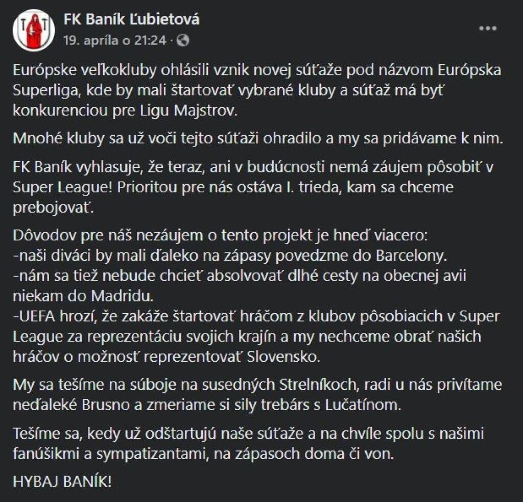 Slovenský klub Baník Ľubietová vtipne odmietol účasť v Superlige.