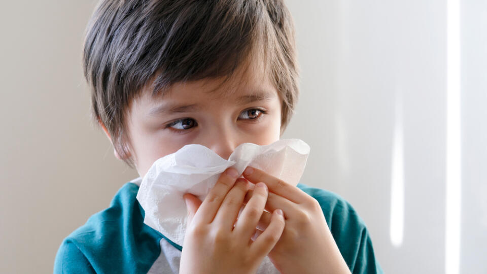 Sick,Kid,Blowing,Nose,Into,Tissue,,Unhealthy,Child,Suffering,From