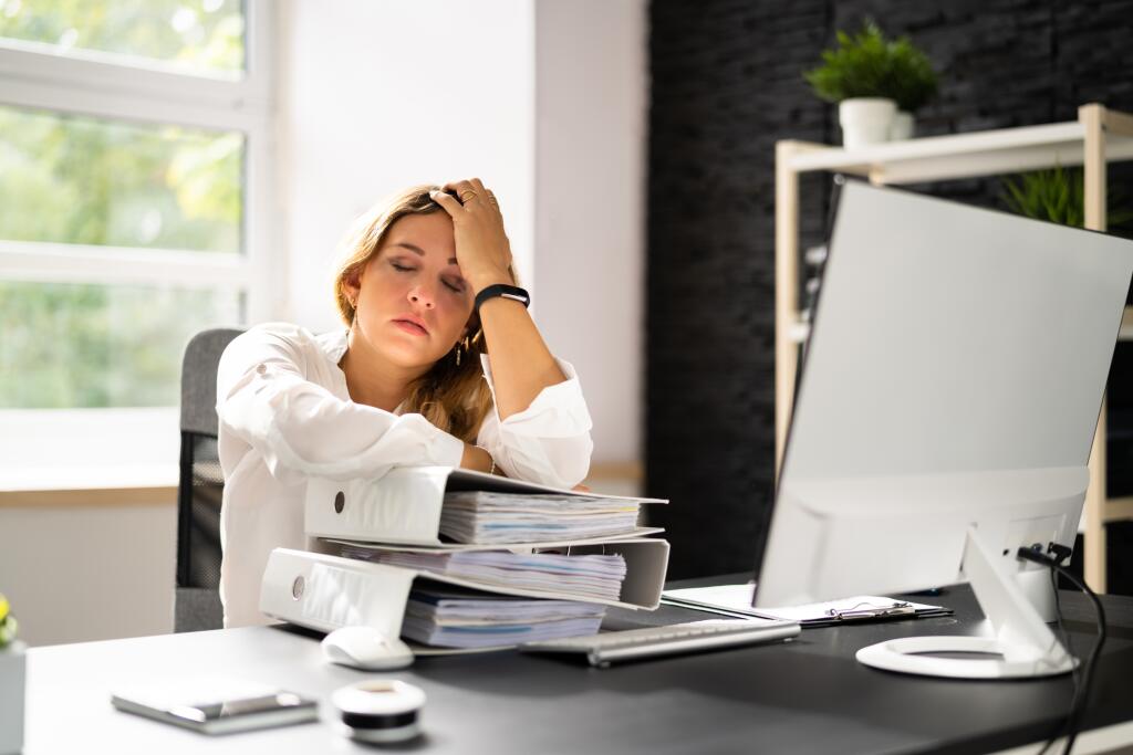 Paper,Work,Pile,Stress.,Woman,Fatigue,In,Office