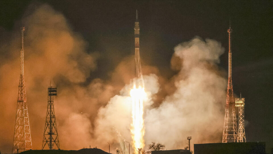 Štart novej prázdnej ruskej rakety Sojuz MS-23 z kozmodrómu Bajkonur 24. februára 2023.