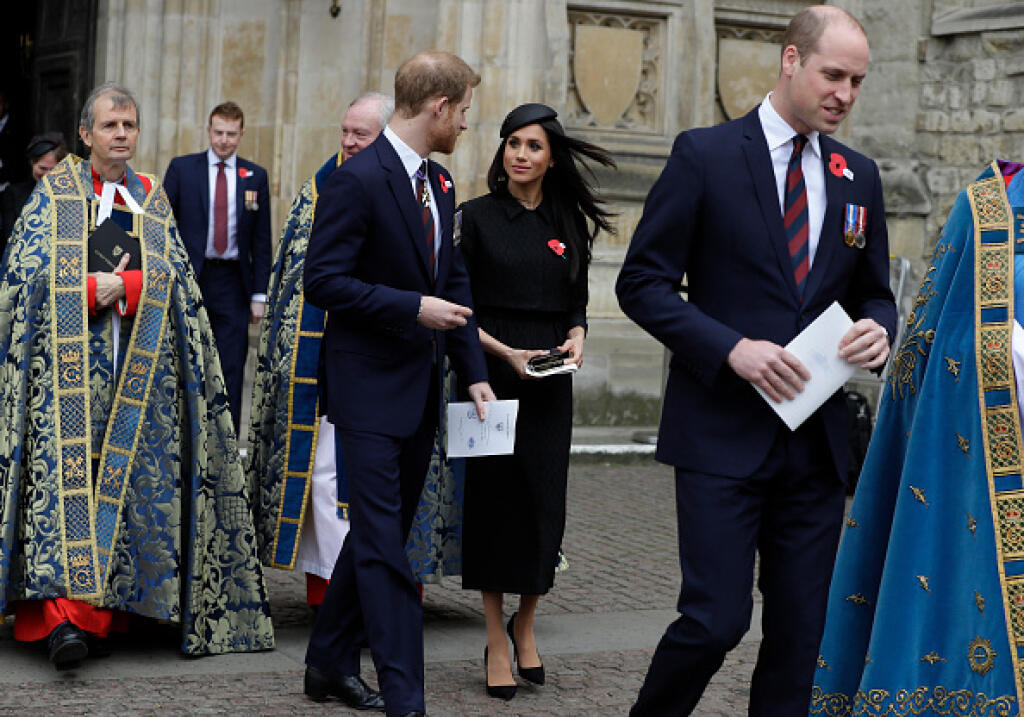 LONDON, ENGLAND - APRIL 25: Prince William, Duke of Cambridge, Meghan Markle and Prince Harry attend an Anzac Day service at Westminster Abbey on April 25, 2018 in London, England. (Photo by Kirsty Wigglesworth - WPA Pool/Getty Images)
