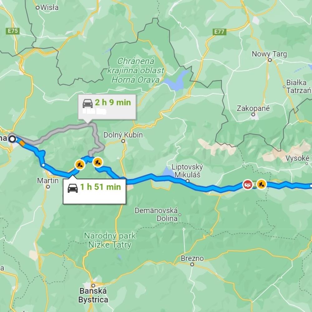 Najrýchlejšia trasa medzi Žilinou a Popradom ( podľa Google Maps).
