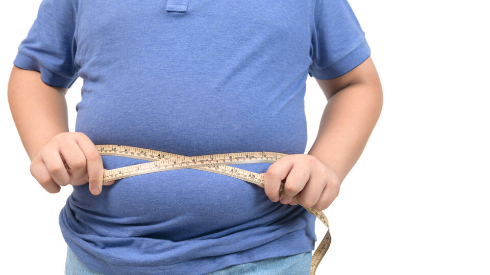Obese,Fat,Boy,Measuring,Tape,Of,Stomach,Isolated,On,White