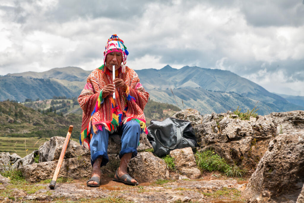 The,Old,Man,Quechua,Dressed,In,A,Colored,Poncho,And