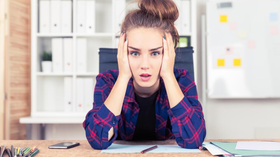 Young,Woman,In,Checkered,Shirt,Is,Overwhelmed,With,Amount,Of