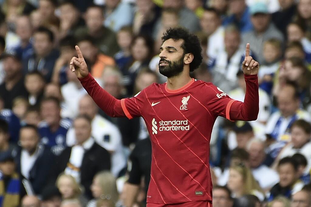 Mohamed Salah z Liverpoolu sa teší z gólu počas zápasu 4. kola anglickej Premier League Leeds United - FC Liverpool 12. septembra 2021 v Leedsi.