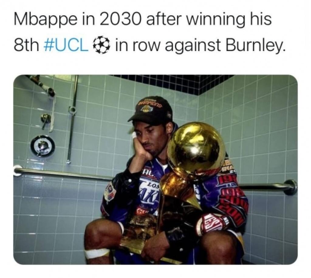 Kylian Mbappé v roku 2030 po ôsmom triumfe v Lige majstrov po víťazstve nad Burnley.