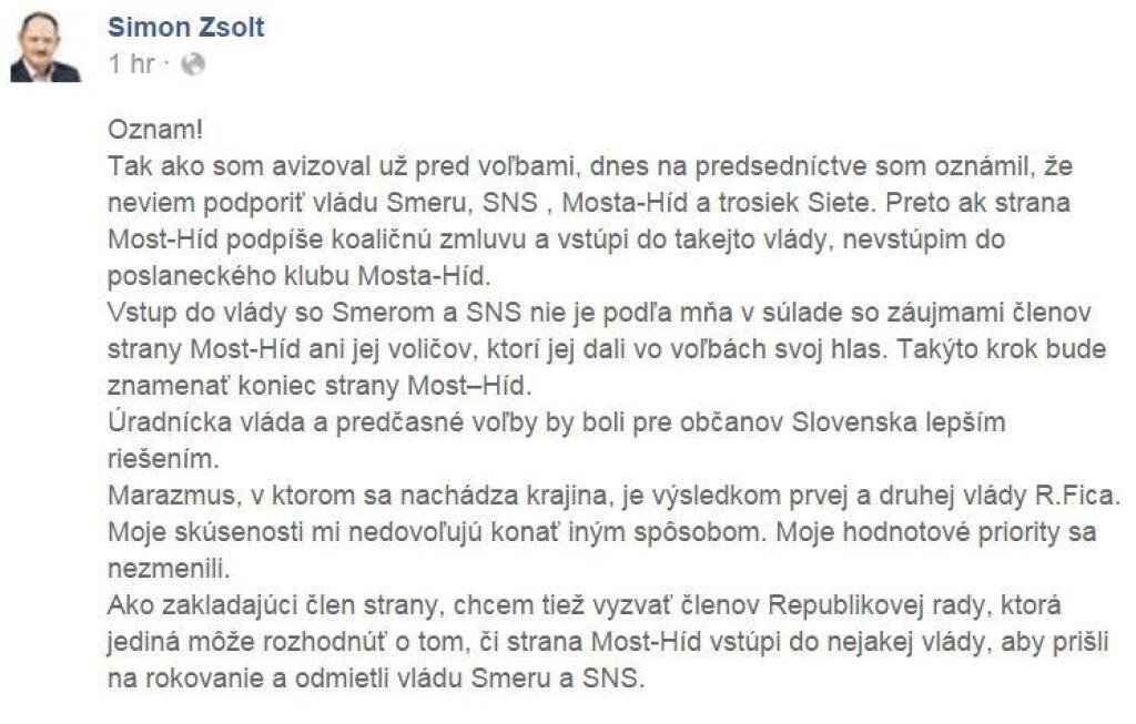 Koalíciu so Smerom a SNS nepodporí Zsolt Simon z Mosta-Híd