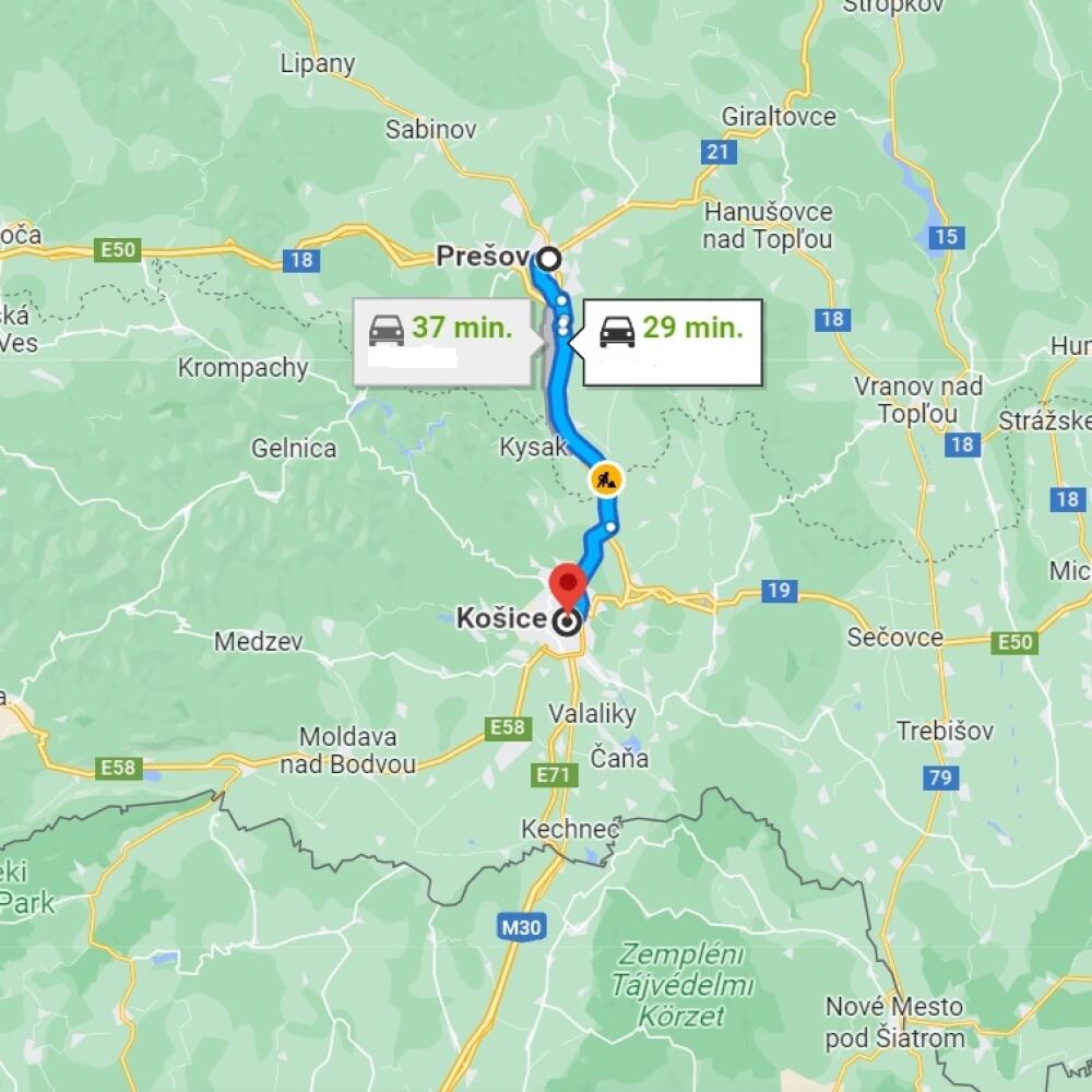 Najrýchlejšia trasa medzi Prešovom a Košicami ( podľa Google Maps).