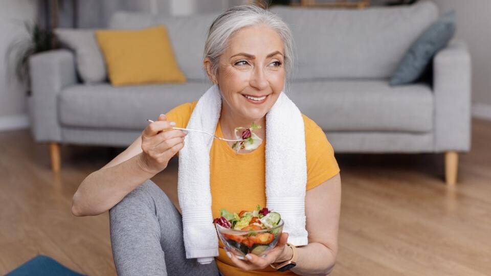 Healthy,Lifestyle,Concept.,Happy,Senior,Woman,Eating,Fresh,Vegetable,Salad,