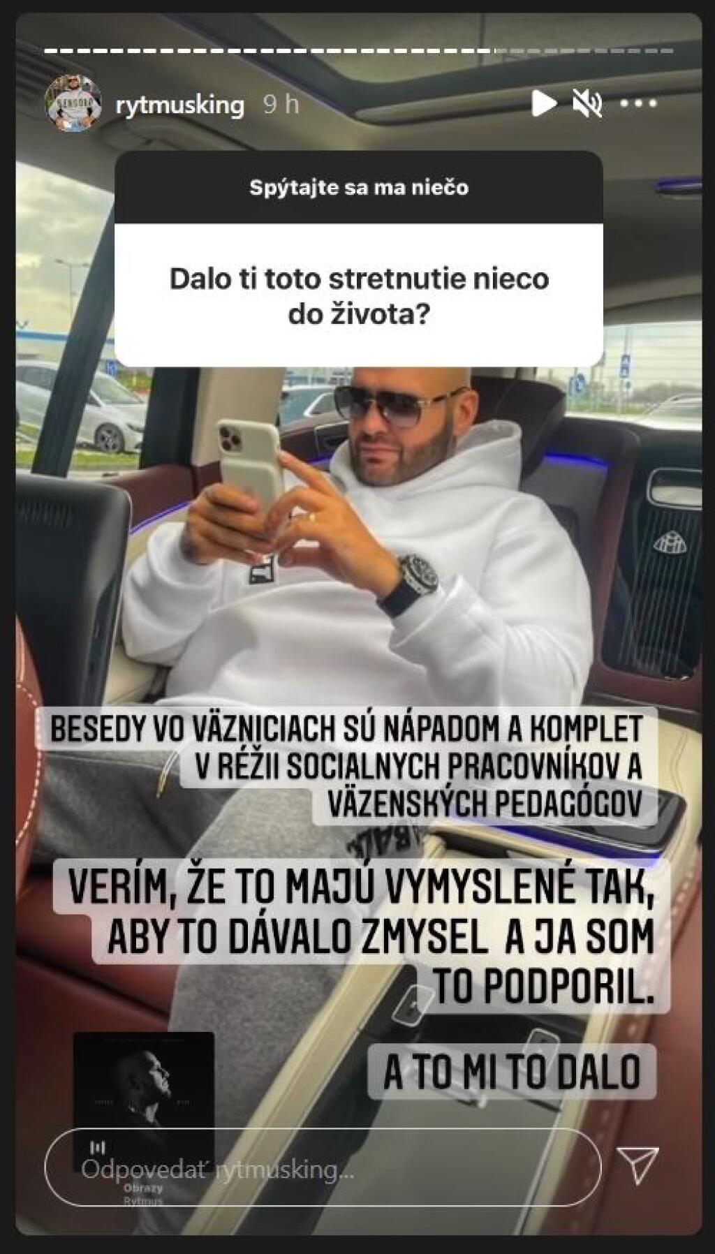 Rytmus odpovedal fanúšikom na tému besedy vo väzení aj na instagrame.