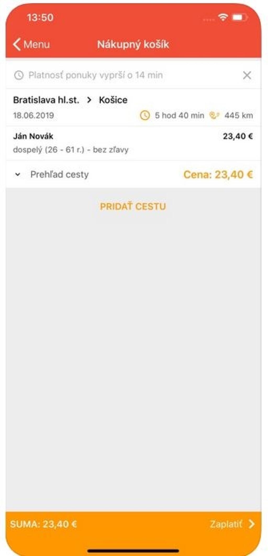 Mobilná aplikácia ZSSK: Nákupný košík