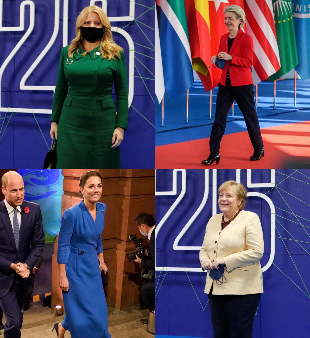 Zľava (hore): Prezidentka SR Zuzana Čaputová, šéfka EK Ursula von der Leyenová, vojvodkyňa Kate Middleton a nemecká kancelárka Angela Merkelová na samite COP26.