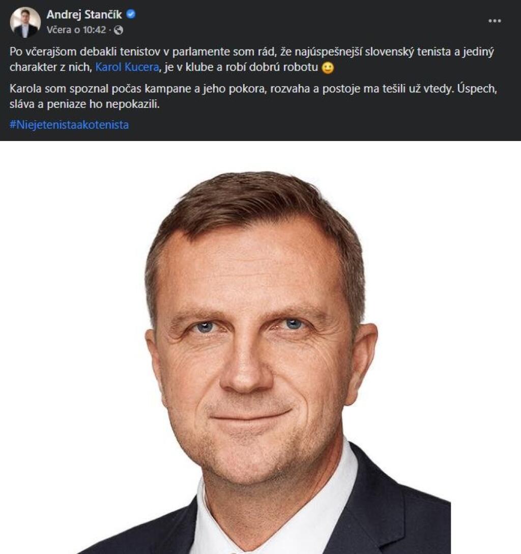Slovnú prestrelku Kučeru s Tabák odštartoval status poslanca OĽaNO Andreja Stančíka. Bývalí tenisti si vymenili štipľavé odkazy.