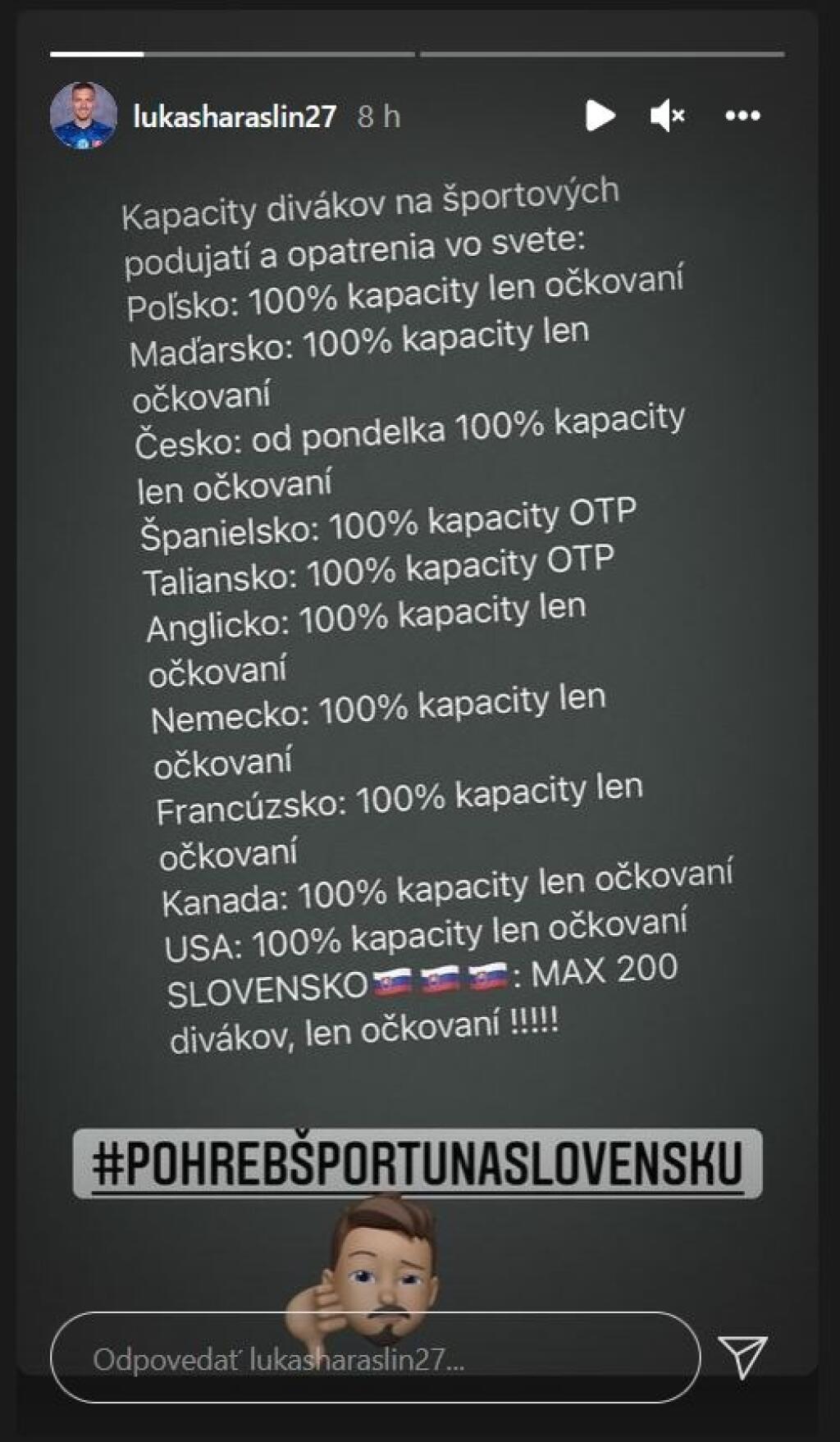 Na sociálnych sieťach sa k opatreniam vyjadrili aj športové hviezdy. Viacerí z nich zdieľali opatrenia na štadiónoch v zahraničí v porovnaní s najnovšími opatreniami na Slovensku a pridali hashtag #pohrebšportunaslovensku.
