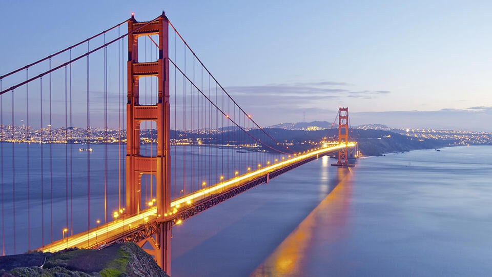 Panorama photo of Golden Gate Bridge at night time, San Francisco, USA