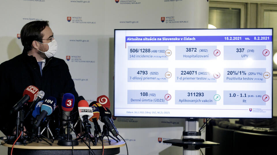 Na snímke minister zdravotníctva SR Marek Krajčí (OĽaNO) počas tlačovej konferencie po skončení zasadnutia pandemickej komisie 16. februára 2021 v Bratislave. FOTO TASR – Dano Veselský