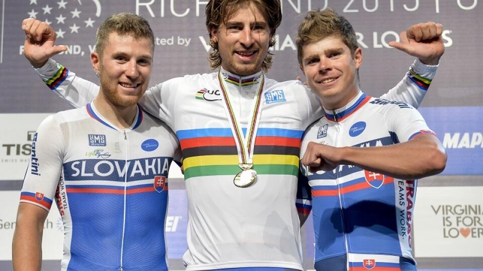 20150927 - RICHMOND, UNITED STATES: Slovakian Michal Kolar of Tinkoff-Saxo, Slovakian Peter Sagan of Tinkoff-Saxo and Slovakian Juraj Sagan of Tinkoff-Saxo pictured during the men elite's race at the UCI Road World Cycling championships in Richmond, Virginia, The United States, Sunday 27 September 2015. BELGA PHOTO DIRK WAEM, Image: 260282243, License: Rights-managed, Restrictions: , Model Release: no, Credit line: Profimedia, AFP
