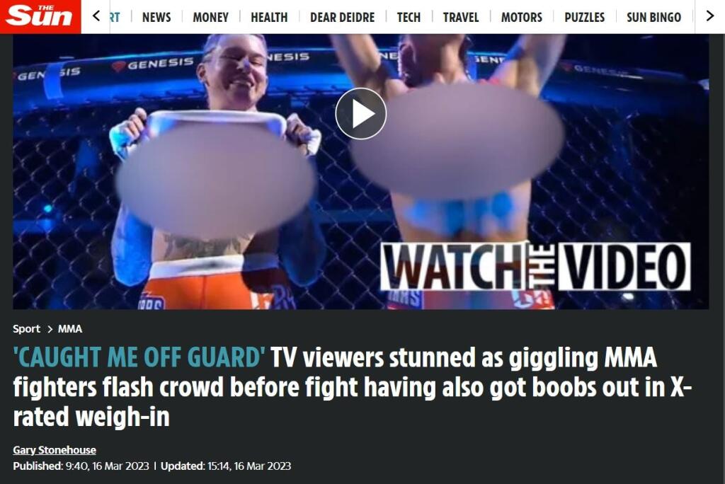 TV viewers stunned as giggling MMA fighters flash crowd before fight having  also got boobs out in X-rated weigh-in