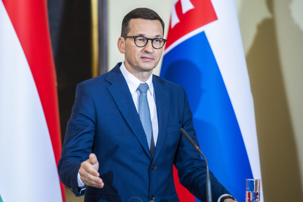 Na snímke poľský premiér Mateusz Morawiecki počas tlačovej konferencie po stretnutí premiérov V4 + Slovinsko v Ľubľane 9. júla 2021. FOTO TASR - Jaroslav Novák