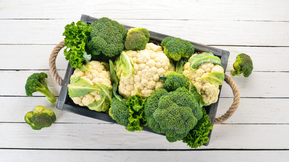 Cauliflower,And,Broccoli,In,A,Wooden,Box.,Fresh,Vegetables.,On