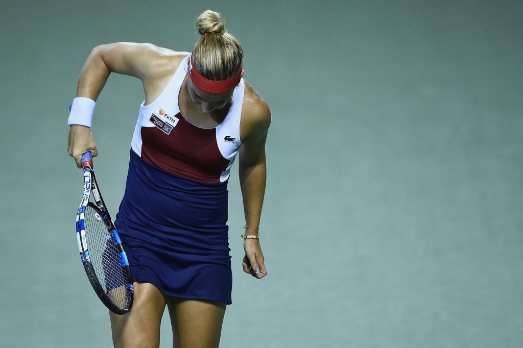 TOKYO, JAPAN - SEPTEMBER 22: Dominika Cibulkova of Slovakia reacts in her quarter final match against Caroline Wozniacki of Denmark during day five of the Toray Pan Pacific Open Tennis At Ariake Coliseum on September 22, 2017 in Tokyo, Japan. (Photo by Matt Roberts/Getty Images)