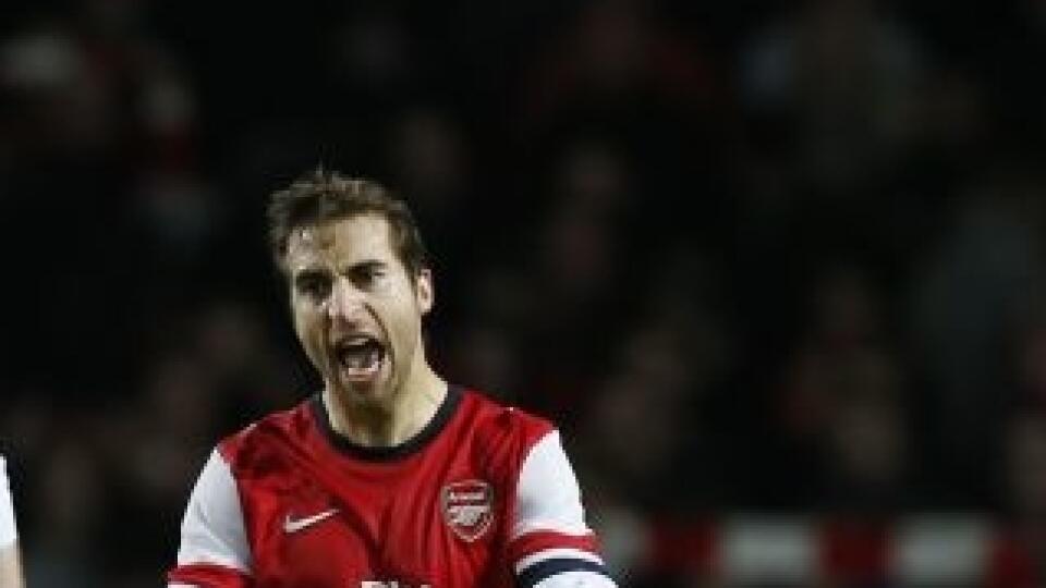 Arsenal's Mathieu Flamini, right, and Per Mertesacker celebrate their win against Liverpool at the end of their English FA Cup fifth round soccer match at Emirates Stadium in London, Sunday, Feb. 16, 2014. (AP Photo / Sang Tan)