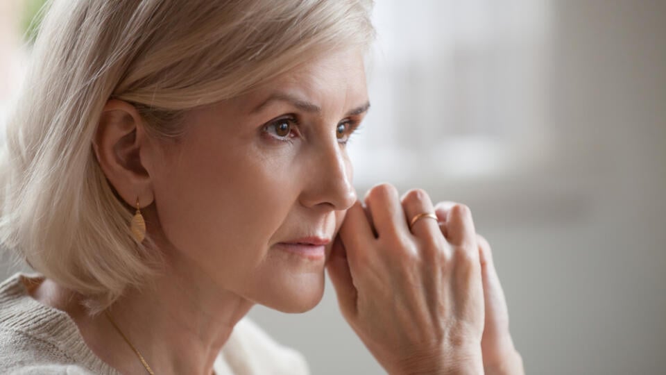Thoughtful,Serious,Anxious,Mature,Senior,Woman,Feeling,Blue,Worried,About