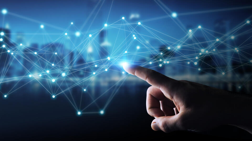 Businessman,On,Blurred,Background,Using,Flying,Network,Connection,3d,Rendering