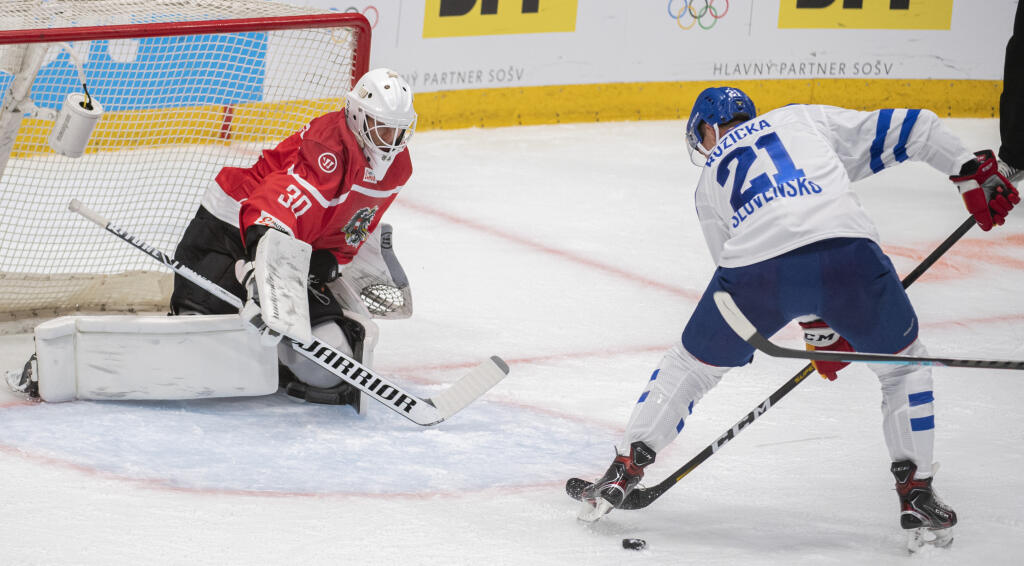 Na snímke vpravo Adam Ružička (Slovensko) a vľavo brankár David Kickert (Rakúsko) počas zápasu D-skupiny olympijskej kvalifikácie na ZOH v Pekingu Rakúsko - Slovensko 26. augusta 2021 v Bratislave. FOTO TASR - Martin Baumann
