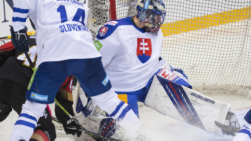 Na snímke brankár Matej Tomek (vpravo) dostáva gól, vľavo jeho spoluhráč Peter Čerešňák (obaja Slovensko) počas prípravného zápasu Nemecko - Slovensko v Drážďanoch.