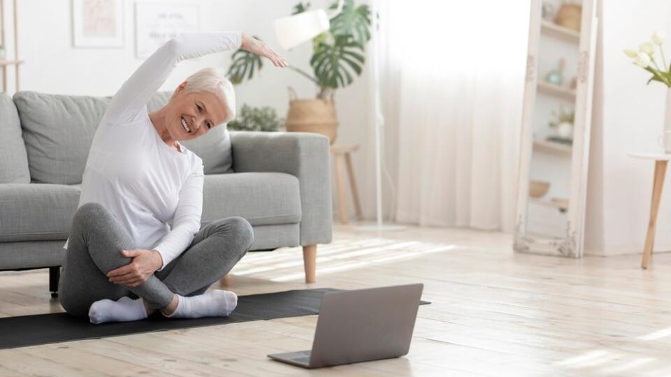 Sport,In,Mature,Age.,Happy,Senior,Woman,Doing,Stretching,Exercises