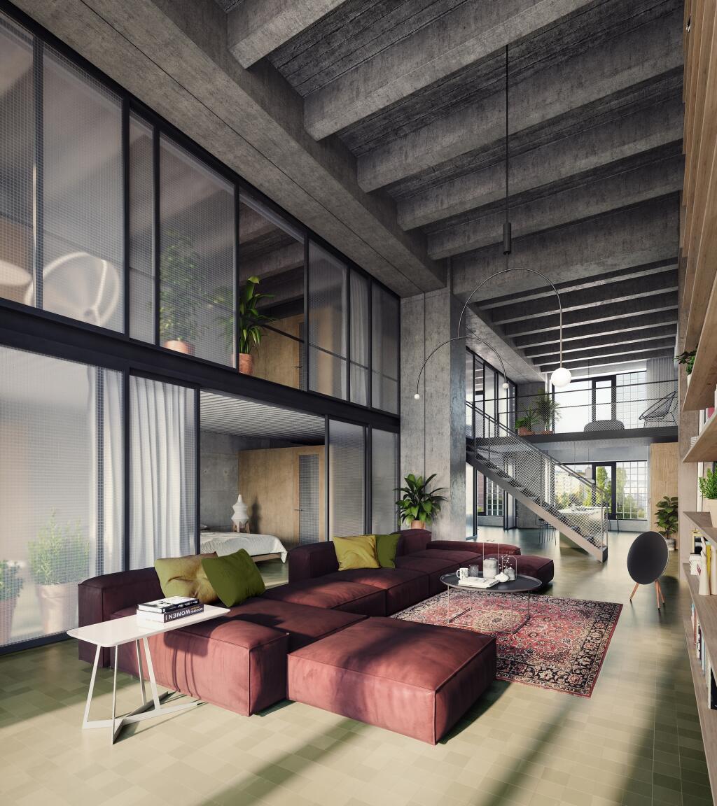 Vizualizácia loftu typu „H“, v ktorej architekti navrhli využitie hliníkových konštrukcií